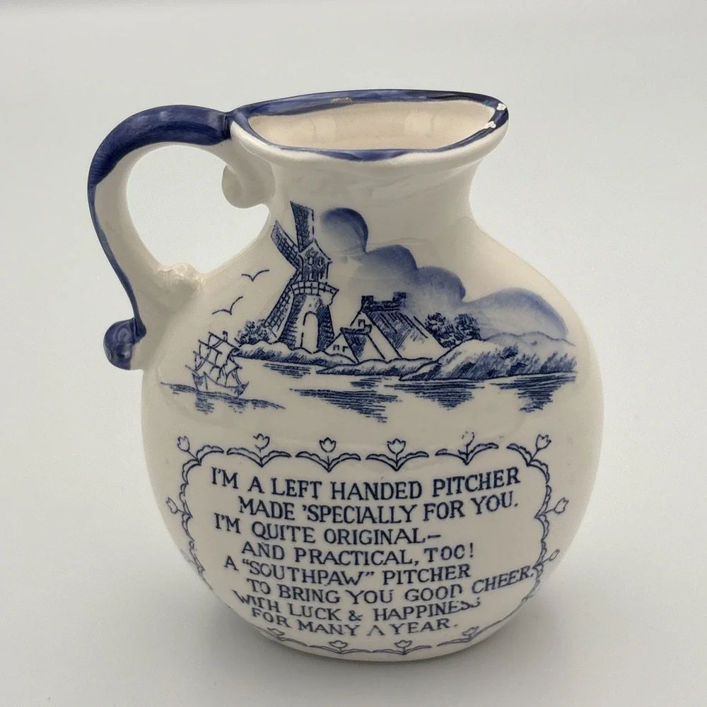 Vintage DELFT Blue Willow Dutch Small Left Handed Pitcher Southpaw 1950-1960s